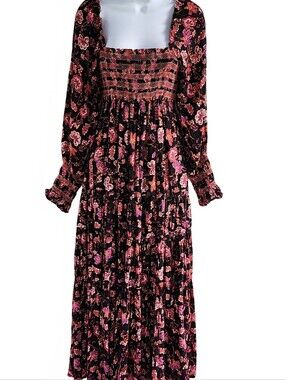 Free People Sweet Escape Smocked Flowy Prairie Maxie Dress Black Pink Floral XS